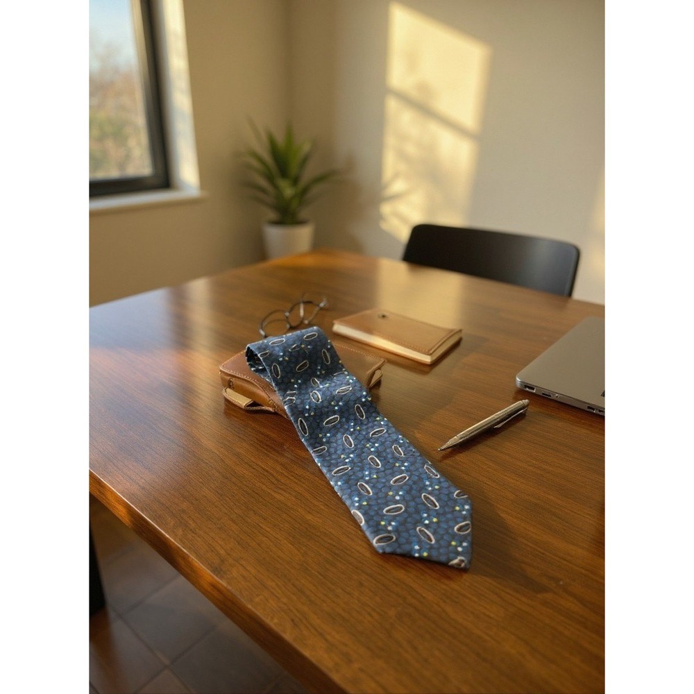 Villa Bugatti Mens Blue Geometric Silk Necktie Abstract Floral Print Tie